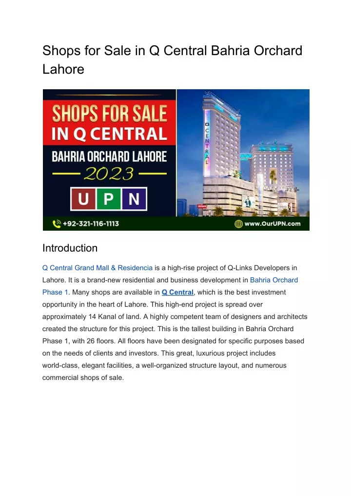 shops for sale in q central bahria orchard lahore