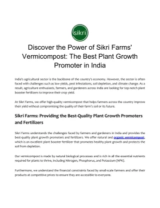 Discover the Power of Sikri Farms' Vermicompost The Best Plant Growth Promoter in India