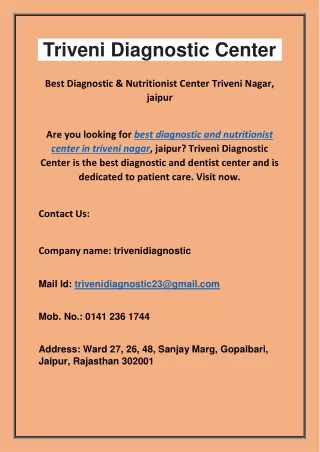 Best Diagnostic & Nutritionist Center Triveni Nagar, jaipur