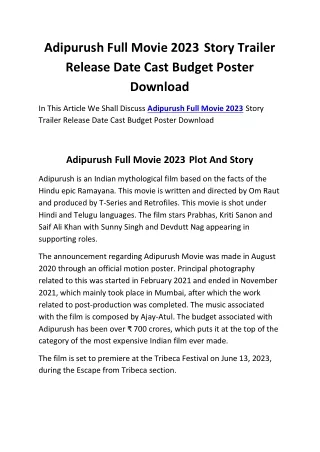 Adipurush Full Movie 2023 Story Trailer Release Date Cast Budget Poster Download