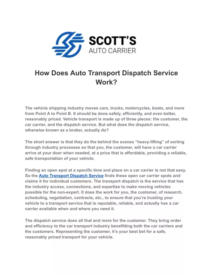 how does auto transport dispatch service work