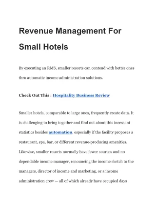 Revenue Management For Small Hotels