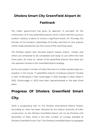Dholera Smart City GreenField Airport At Fasttrack