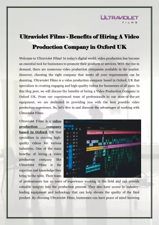 Ultraviolet Films - Benefits of Hiring A Video Production Company in Oxford UK