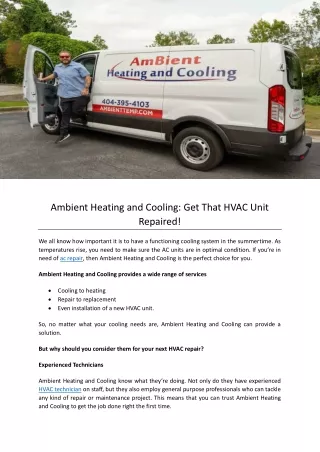 Ambient Heating and Cooling Get That HVAC Unit Repaired