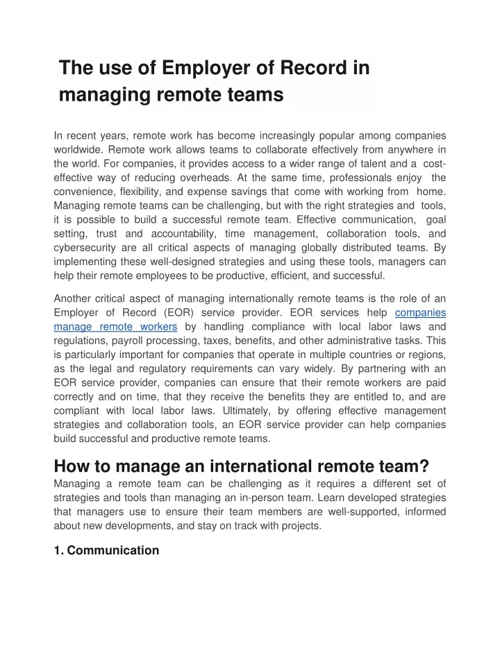 the use of employer of record in managing remote teams