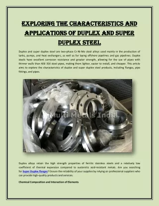 Exploring the Characteristics and Applications of Duplex and Super Duplex Steel