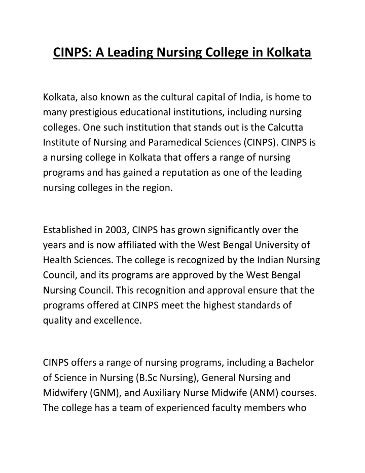 cinps a leading nursing college in kolkata