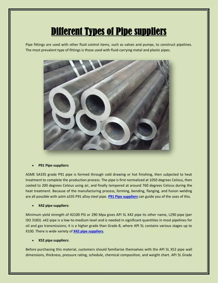 different types of pipe suppliers different types