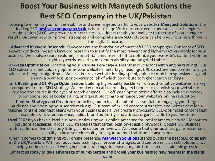 boost your business with manytech solutions the best seo company in the uk pakistan