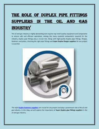 The Role of Duplex Pipe Fittings Suppliers in the Oil and Gas Industry