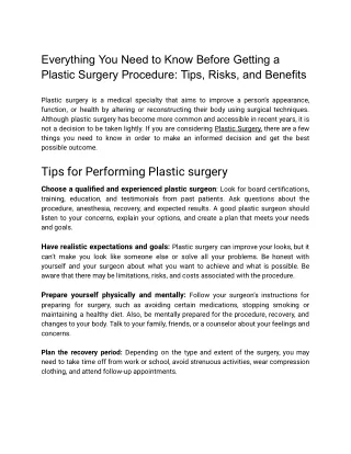Everything You Need to Know Before Getting a Plastic Surgery Procedure_ Tips, Risks, and Benefits