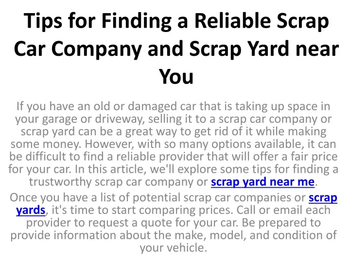 tips for finding a reliable scrap car company and scrap yard near you