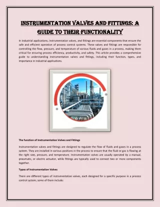 Instrumentation Valves and Fittings: A Guide to Their Functionality