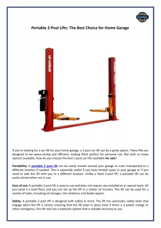 Portable 2-Post Lifts - The Best Choice for Home Garage