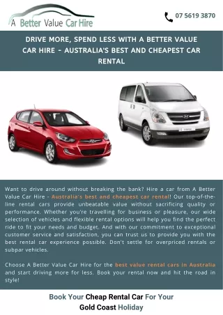Drive More, Spend Less with A Better Value Car Hire - Australia's Best and Cheapest Car Rental