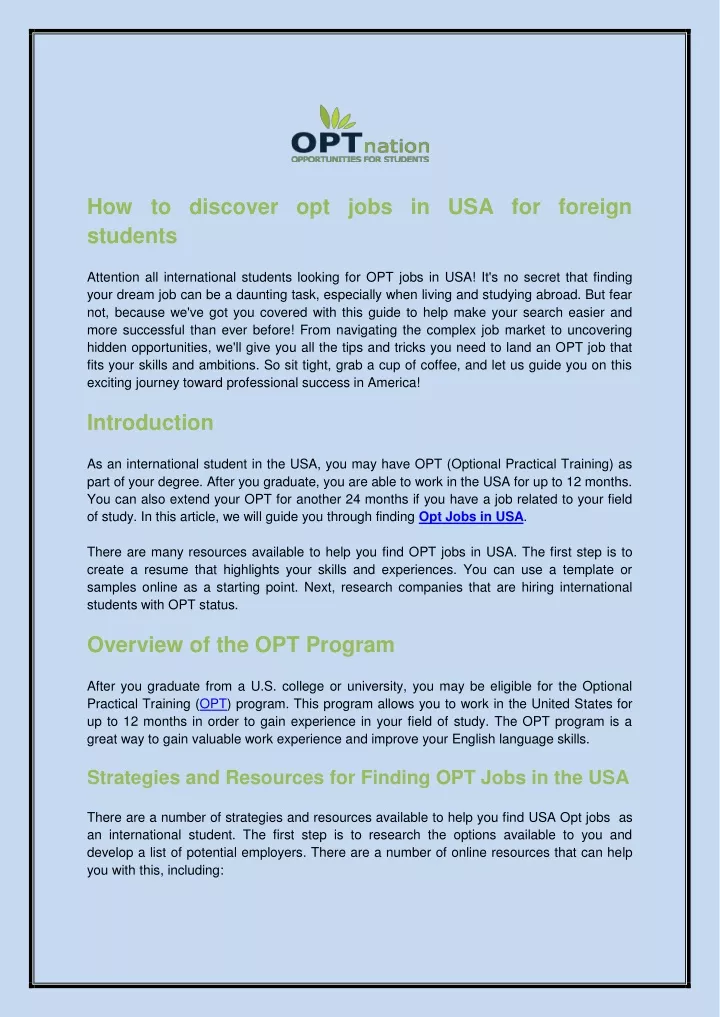 how to discover opt jobs in usa for foreign