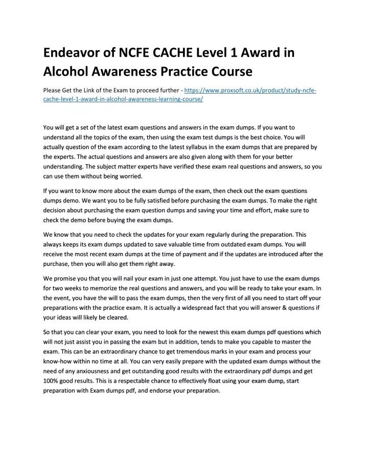 endeavor of ncfe cache level 1 award in alcohol