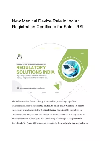 New Medical Device Rule in India - Registration Certificate for Sale