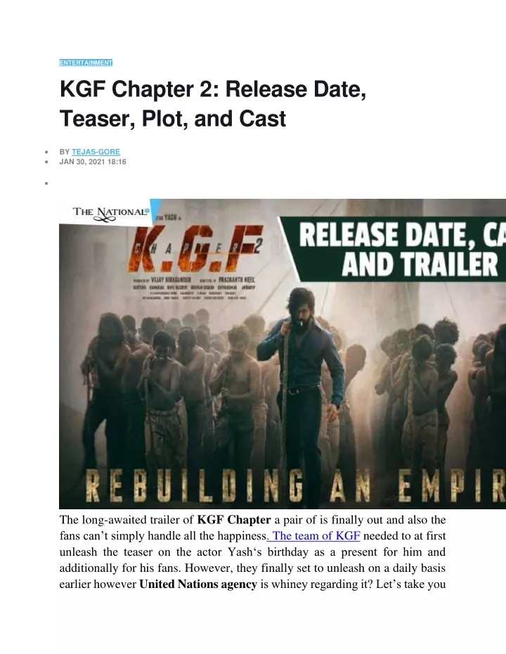 entertainment kgf chapter 2 release date teaser