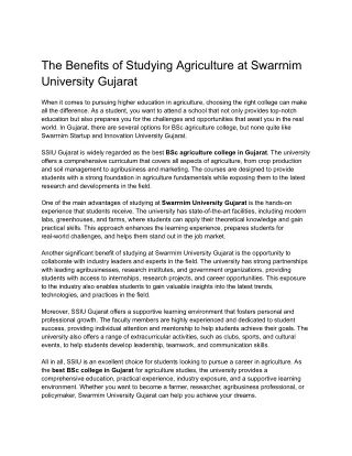 the benefits of studying agriculture at swarrnim