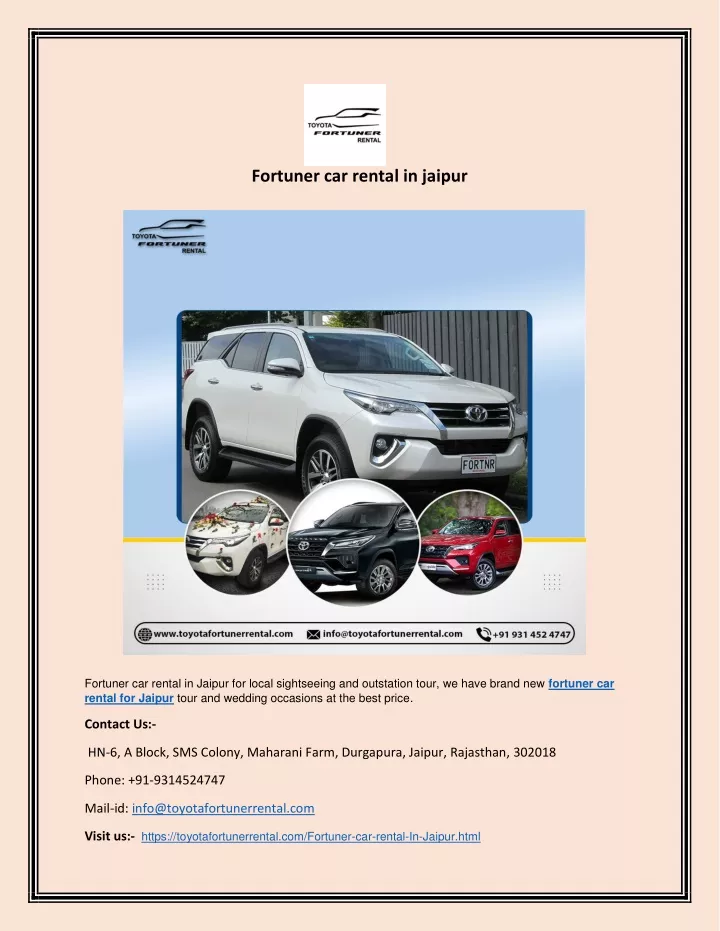 fortuner car rental in jaipur