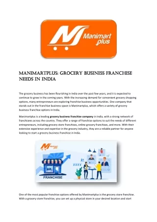 Manimartplus Grocery Business Franchise Needs in India