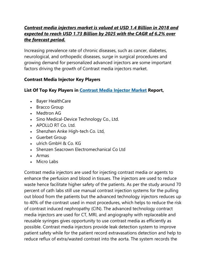 contrast media injectors market is valued