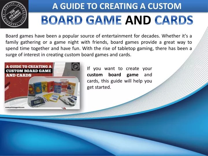 a guide to creating a custom board game and cards