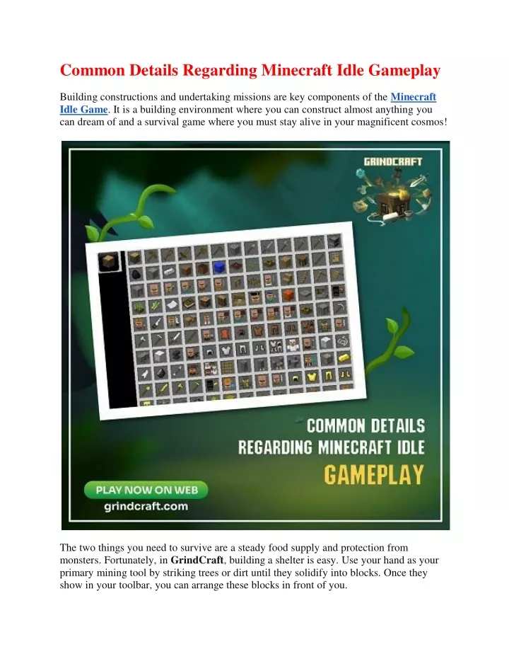 common details regarding minecraft idle gameplay