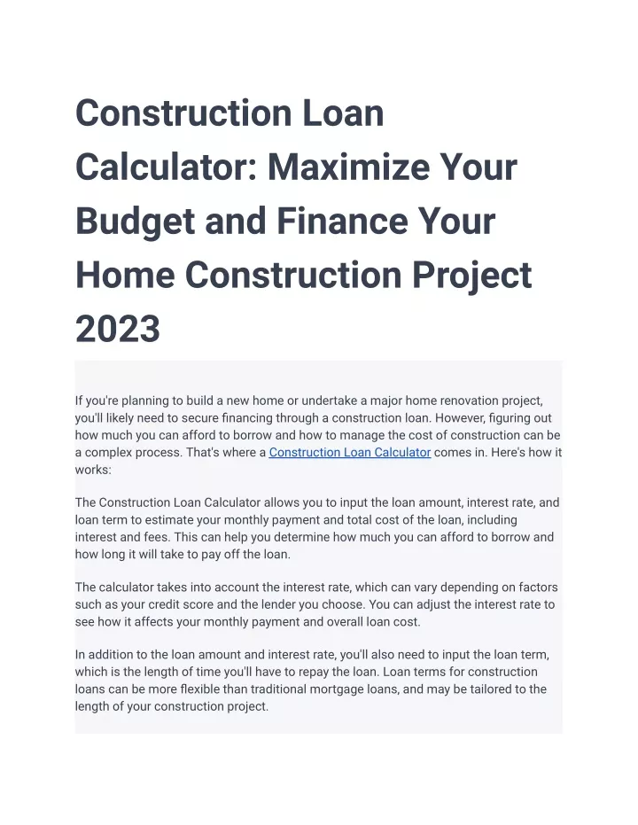 construction loan calculator maximize your budget