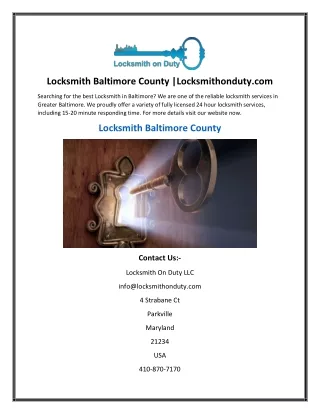 Locksmith Baltimore County Locksmithonduty.com