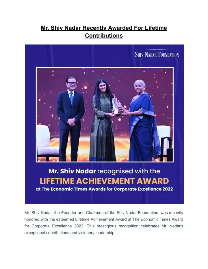 mr shiv nadar recently awarded for lifetime