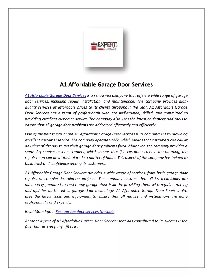 a1 affordable garage door services