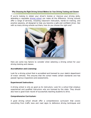 Why Choosing the Right Driving School Matters for Your Driving Training and Classes