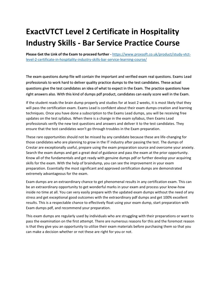 exactvtct level 2 certificate in hospitality