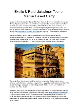 Exotic & Rural Jaisalmer Tour on Marvin Desert Camp