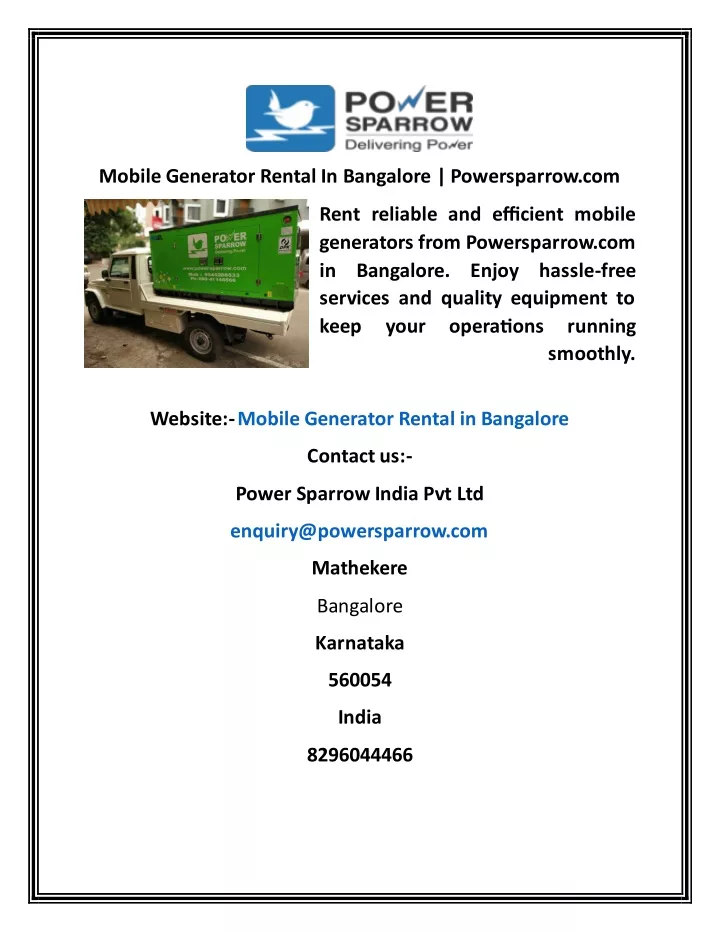 mobile generator rental in bangalore powersparrow