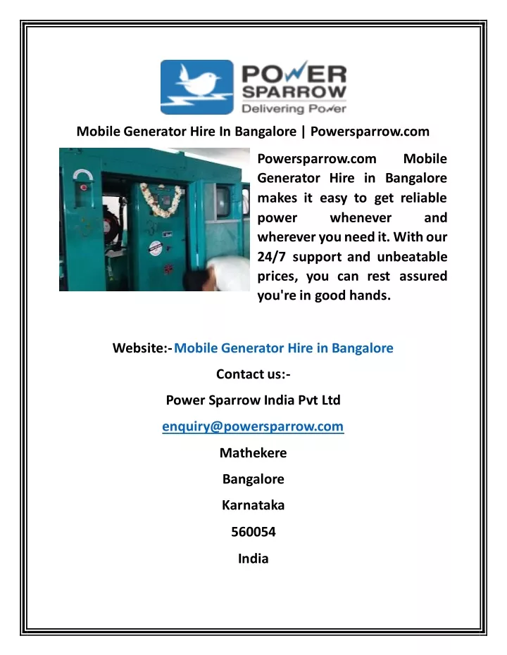 mobile generator hire in bangalore powersparrow