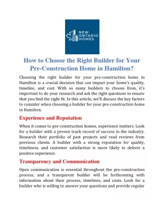 How to Choose the Right Builder for Your Pre-Construction Home in Hamilton?