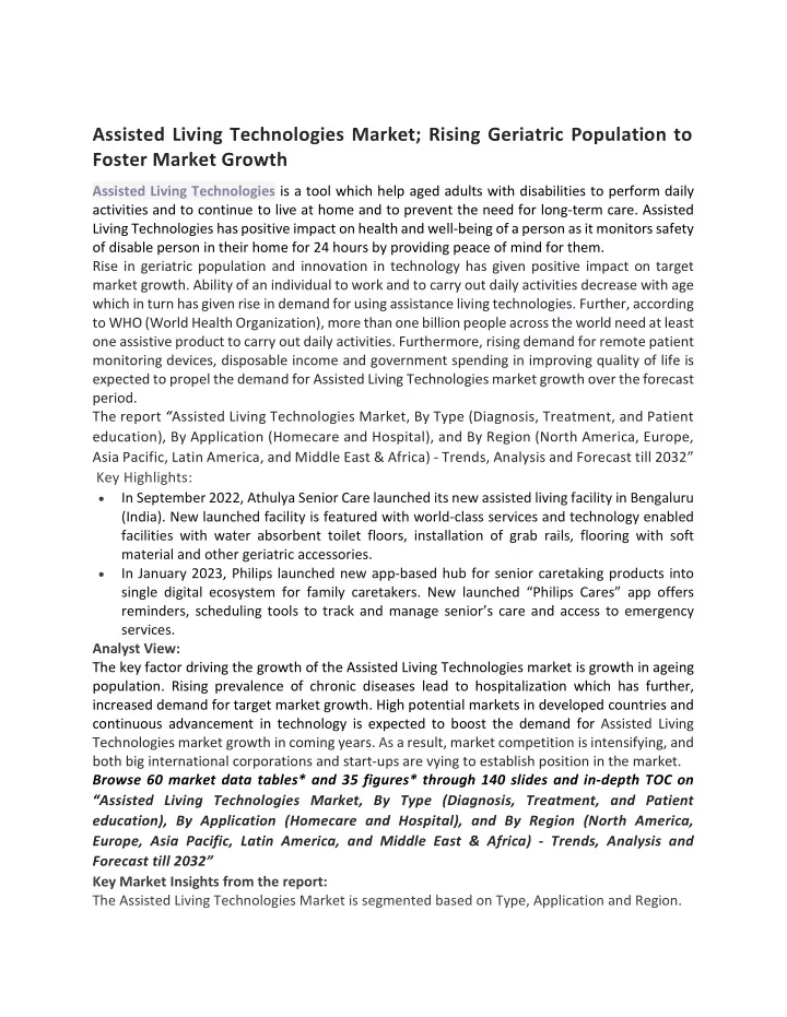 assisted living technologies market rising