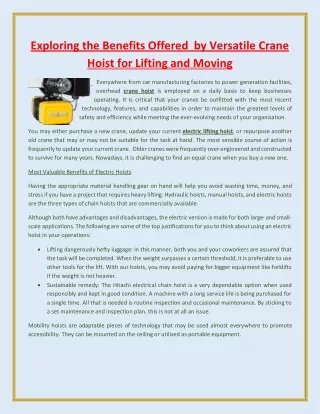 Exploring the Benefits Offered  by Versatile Crane Hoist for Lifting and Moving