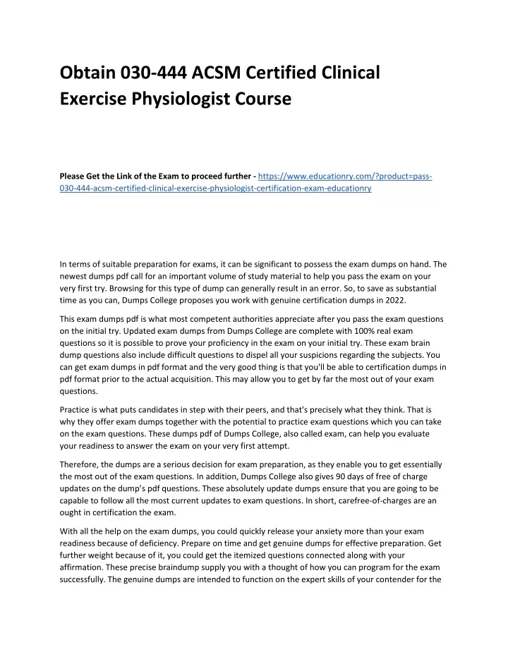 obtain 030 444 acsm certified clinical exercise