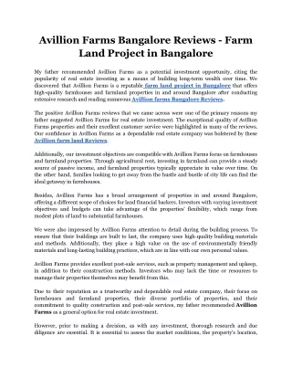 Avillion Farms Bangalore Reviews - Farm land Project in Bangalore