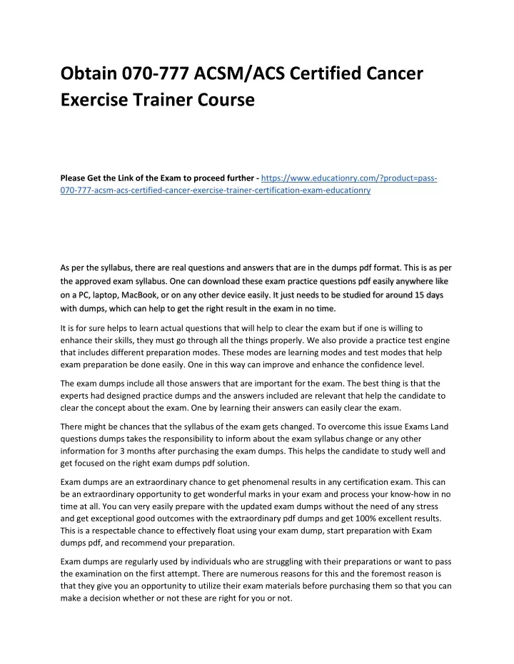 obtain 070 777 acsm acs certified cancer exercise