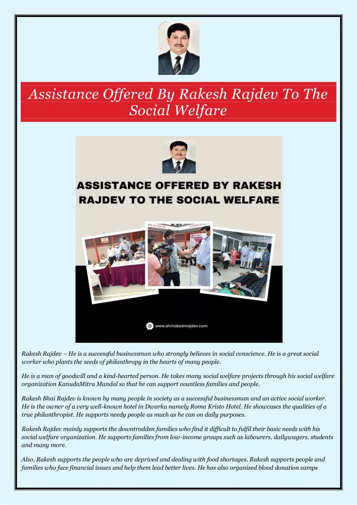 assistance offered by rakesh rajdev to the social