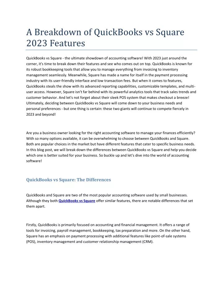 a breakdown of quickbooks vs square 2023 features