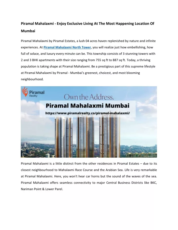 piramal mahalaxmi enjoy exclusive living