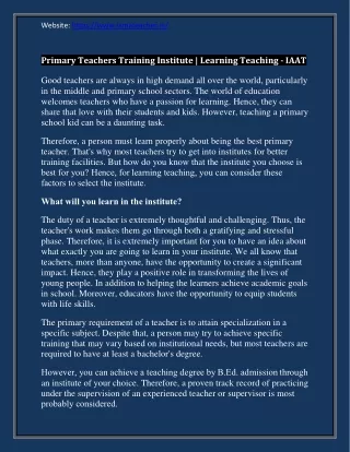 Primary Teachers Training Institute - Learning Teaching - IAAT