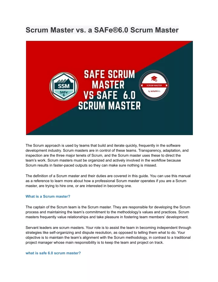 scrum master vs a safe 6 0 scrum master